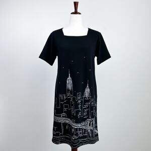 Vintage New York City Skyline Graphic NYC Empire State Black Shift Dress MEDIUM